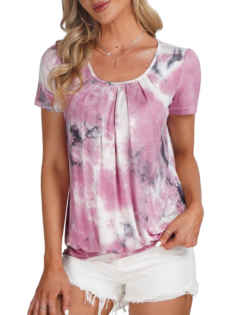 DJT Women's Summer Tops Short Sleeve Pleated Front Casual Loose Blouse Tunic T Shirts Large Tie Dye Pink - Image 1
